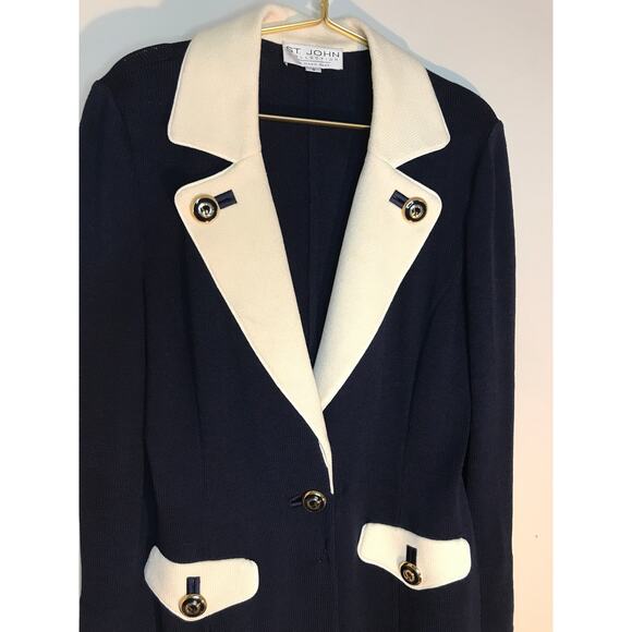 St. John Collection Santana Knit Colorblock Blazer 8 Navy Blue Ivory - Picture 2 of 13